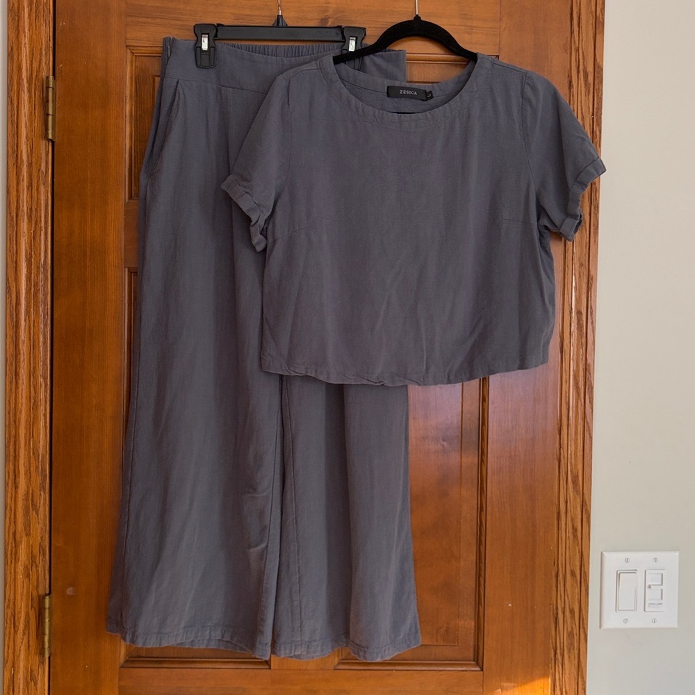 ZESICA slate blue linen crop top, wide leg pant set